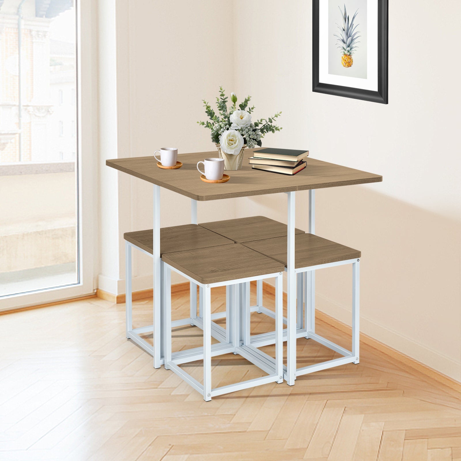 5 Pieces Metal Frame Dining Set with Compact Dining Table and 4 Stools-Natural