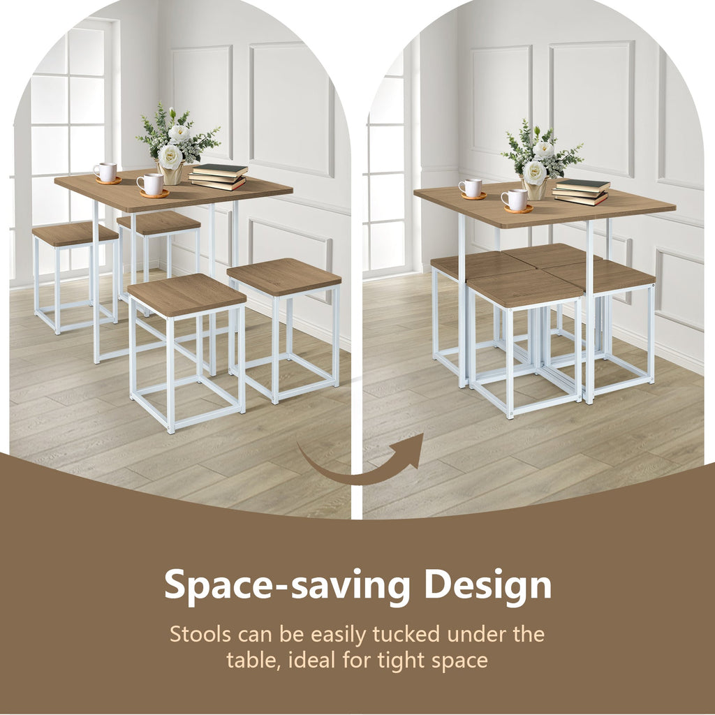 5 Pieces Metal Frame Dining Set with Compact Dining Table and 4 Stools-Natural