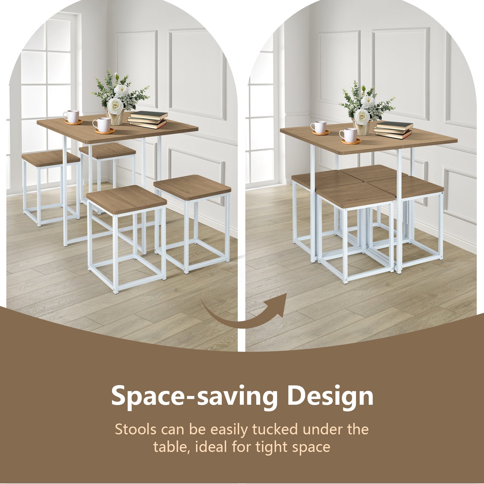 5 Pieces Metal Frame Dining Set with Compact Dining Table and 4 Stools-Natural