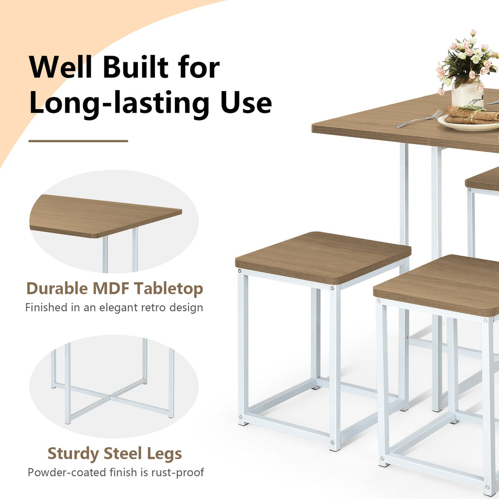 5 Pieces Metal Frame Dining Set with Compact Dining Table and 4 Stools-Natural