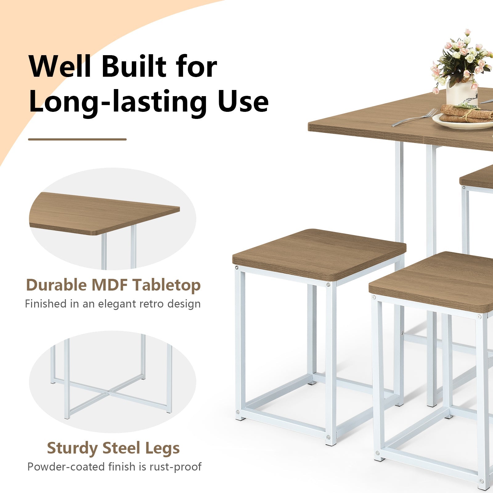 5 Pieces Metal Frame Dining Set with Compact Dining Table and 4 Stools-Natural