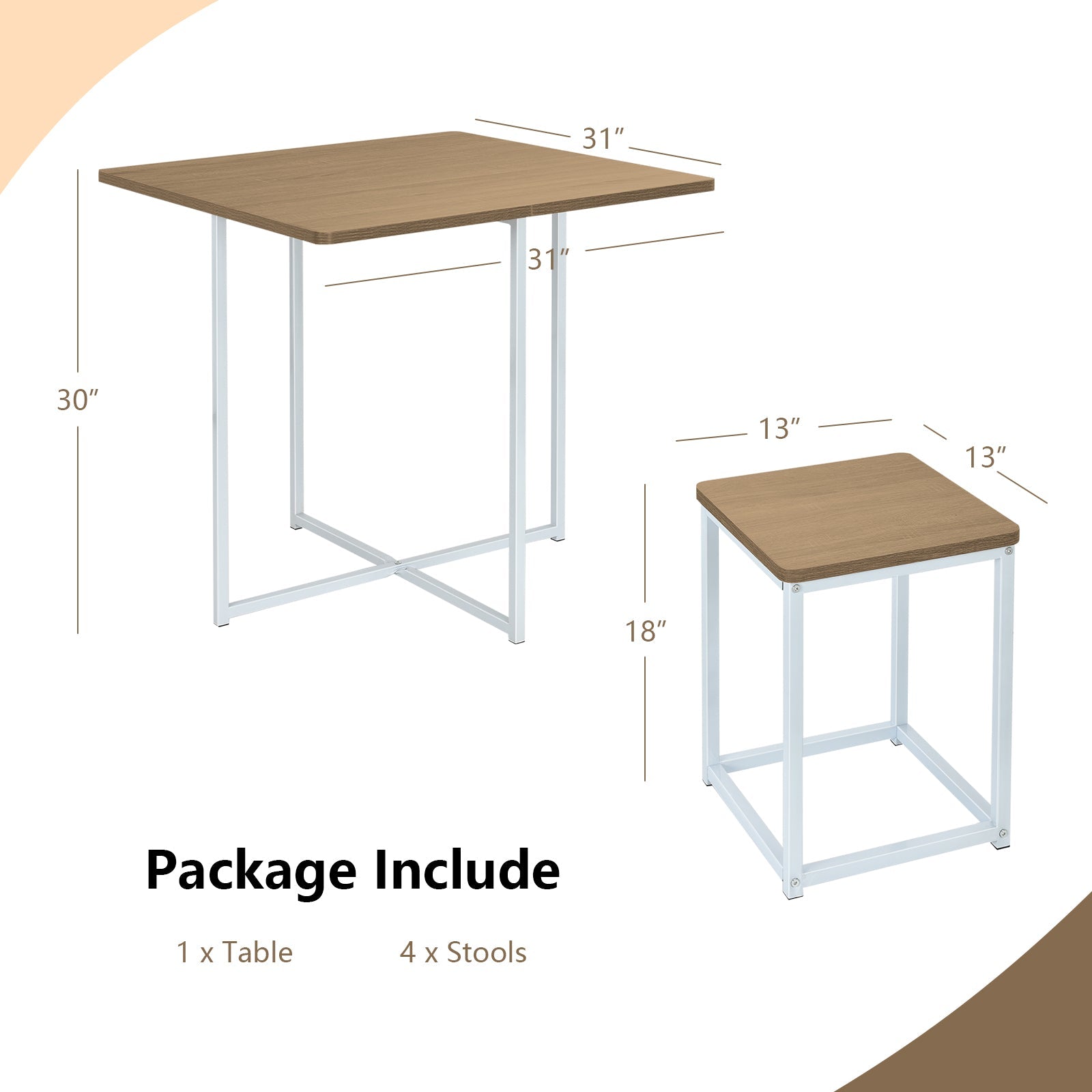 5 Pieces Metal Frame Dining Set with Compact Dining Table and 4 Stools-Natural