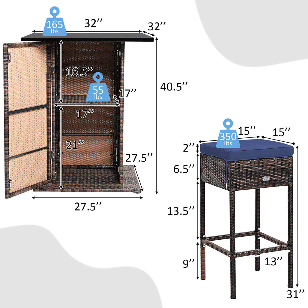 5 Pieces Patio Rattan Bar Table Stool Set Hidden Storage Shelf Cushioned-Navy