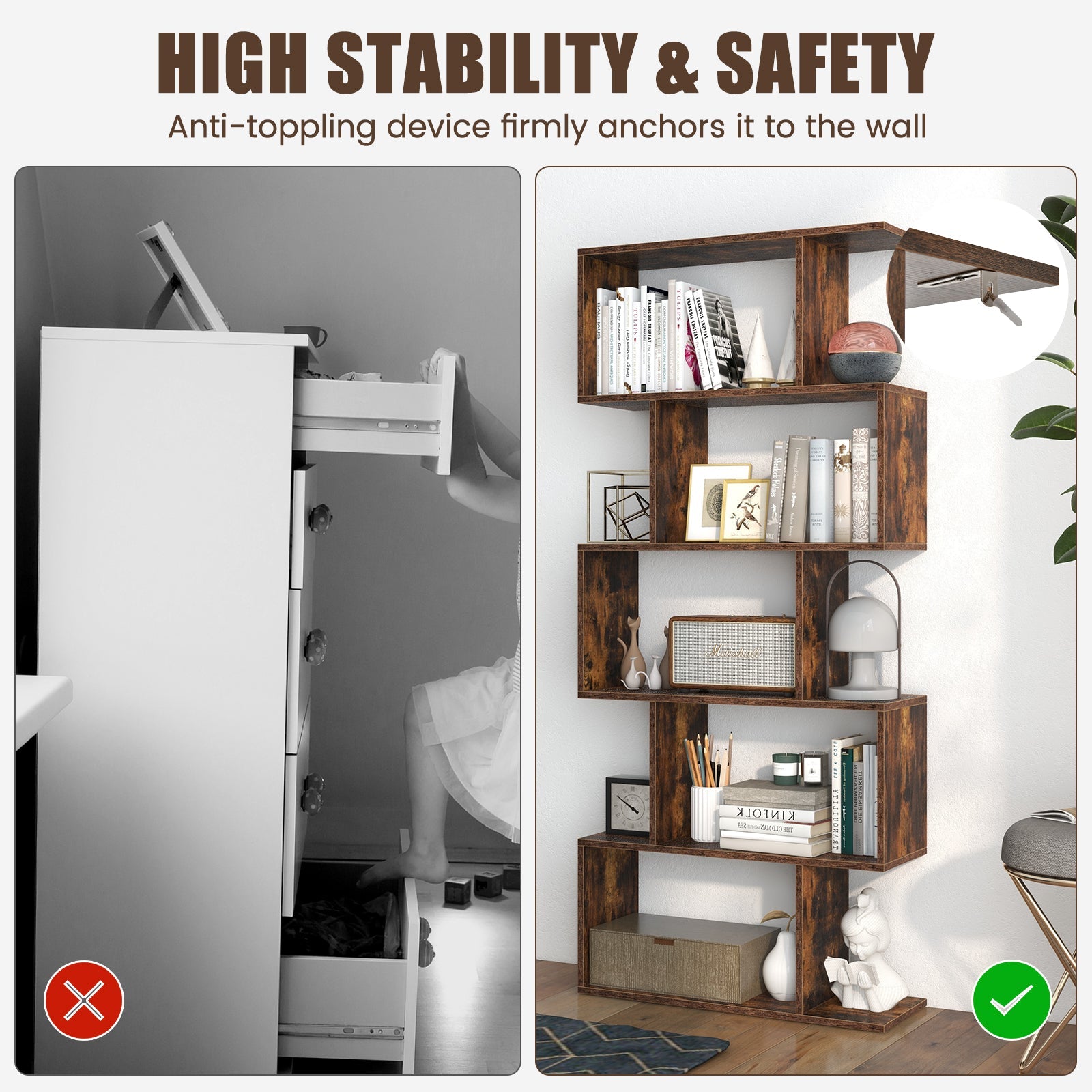5-Tier Bookshelf with Anti-Toppling Device for Living Room Home Office-Rustic Brown