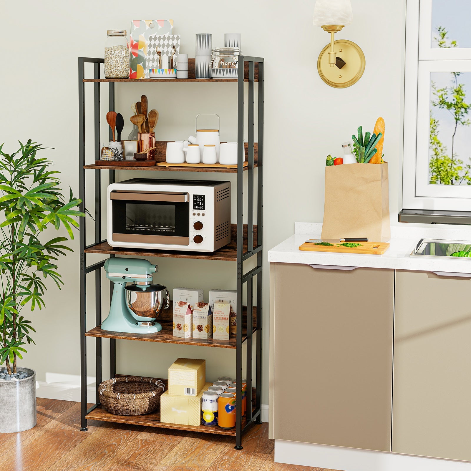 5-Tier Bookshelf with Adjustable and Tiltable Shelves-Rustic Brown