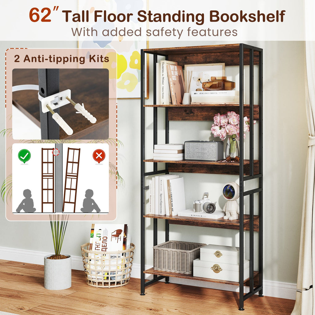 5-Tier Bookshelf with Adjustable and Tiltable Shelves-Rustic Brown