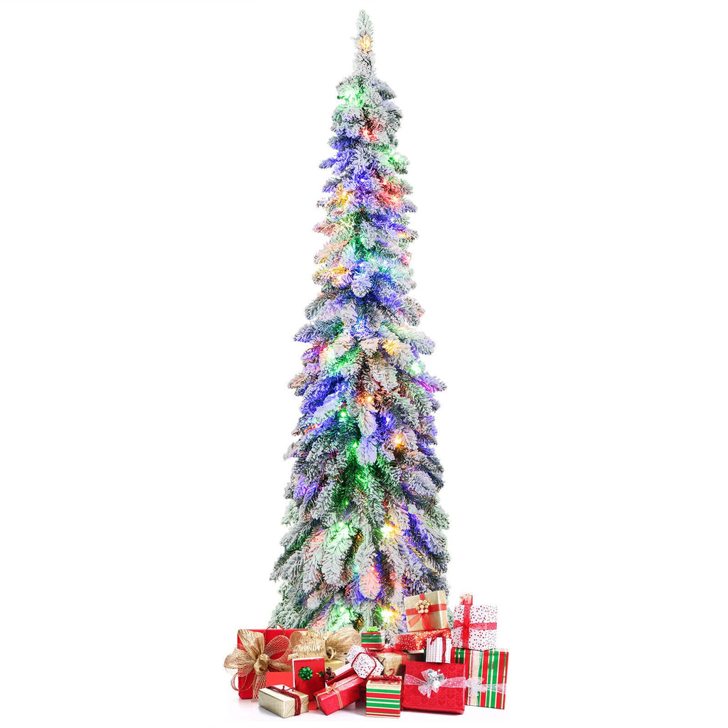 4/5/6 Feet Pre-Lit Artificial Christmas Tree Snow-Flocked Slim Pencil Xmas Decor-5 ft