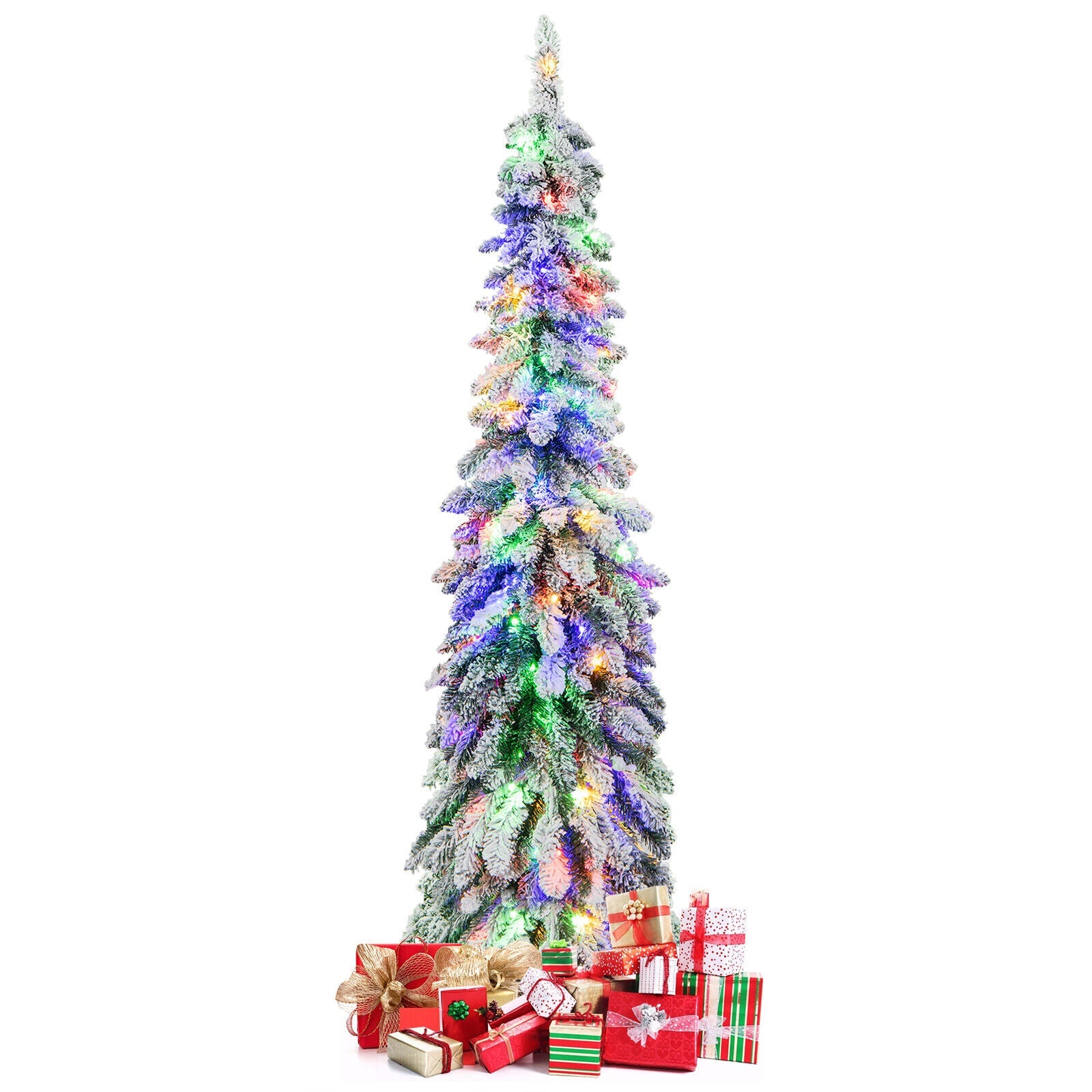 4/5/6 Feet Pre-Lit Artificial Christmas Tree Snow-Flocked Slim Pencil Xmas Decor-5 ft