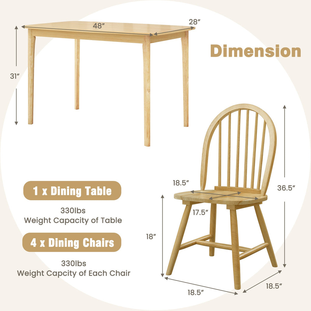5 Pieces Wooden Dining Table Set with 4 Windsor Chairs