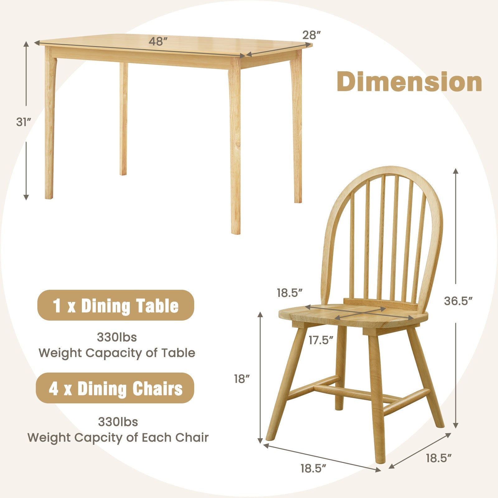 5 Pieces Wooden Dining Table Set with 4 Windsor Chairs