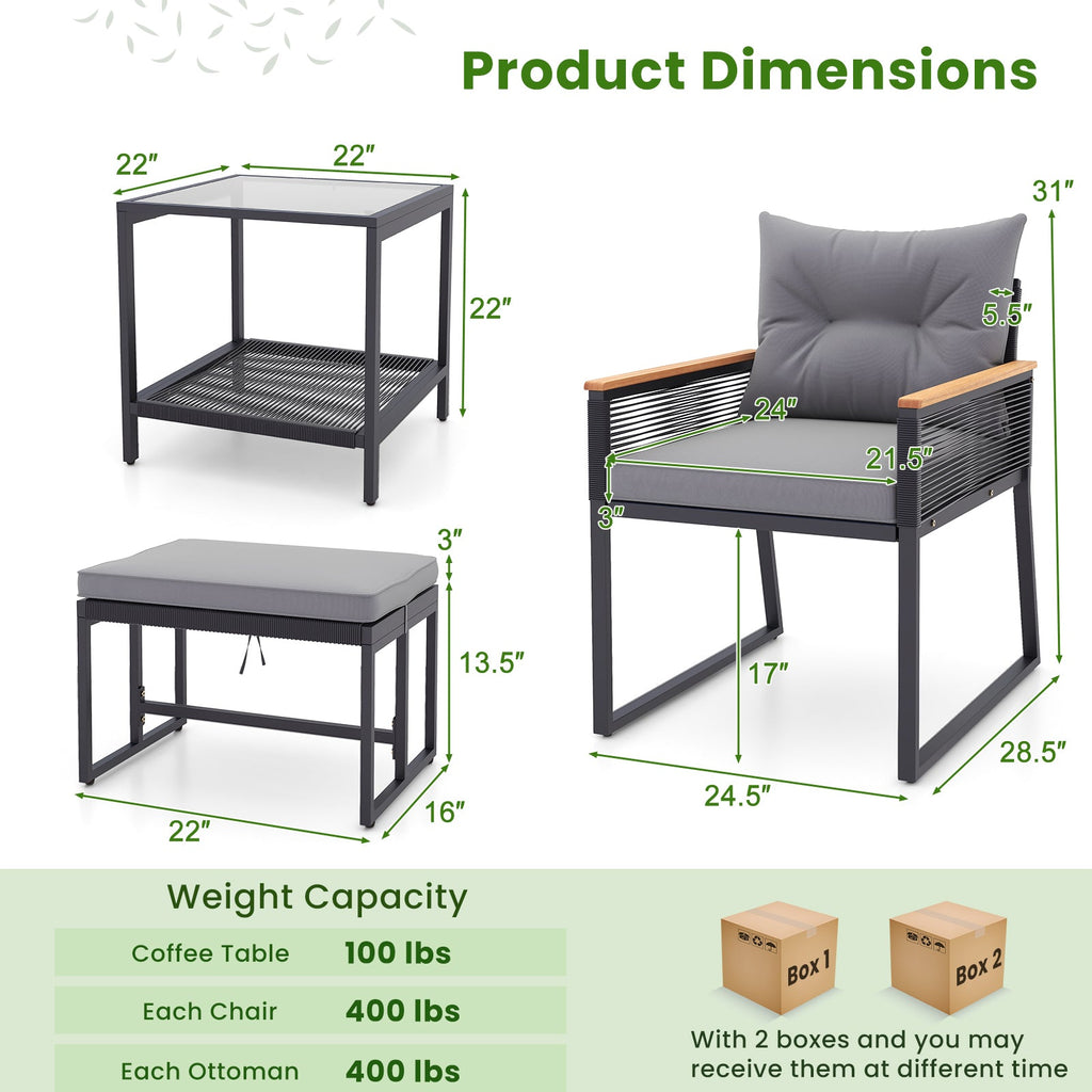 5 Piece Outdoor Rattan Conversation Set with 2-Layer Side Table and 2 Ottomans-Gray