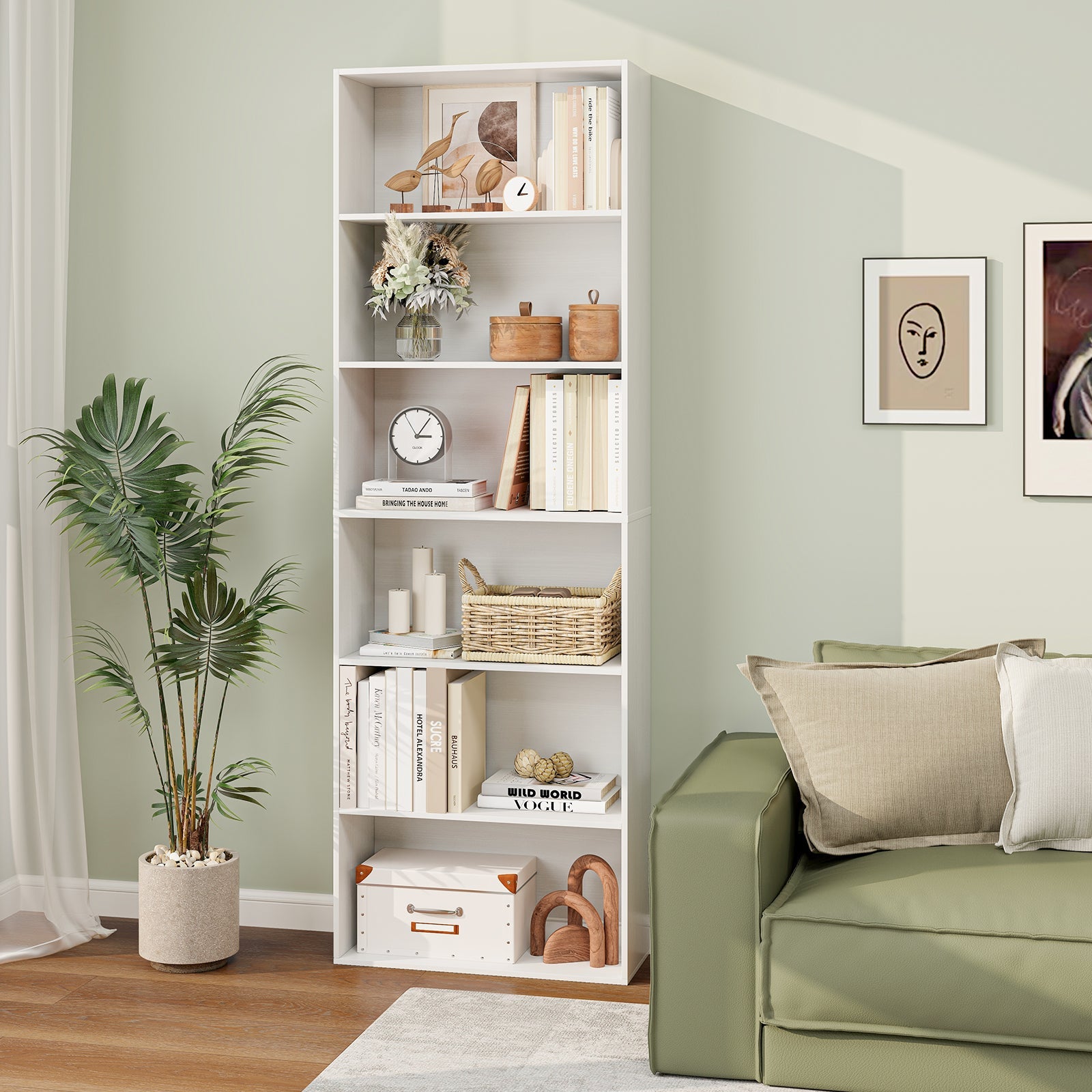 6-Tier Bookcase with 6 Open Shelves and Anti-Toppling Kits-White