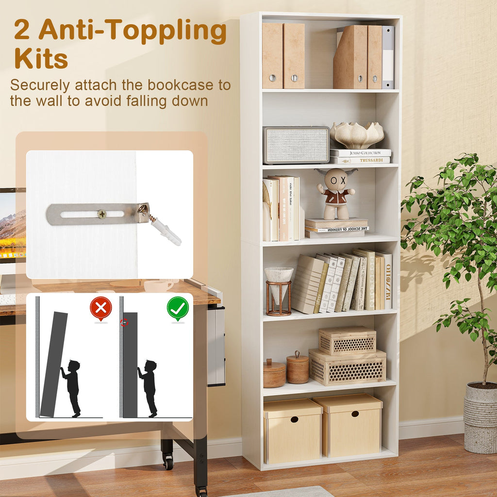 6-Tier Bookcase with 6 Open Shelves and Anti-Toppling Kits-White