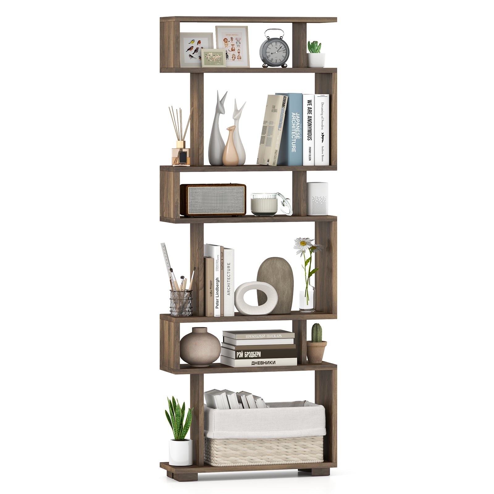 6-Tier Bookcase with Anti-Tipping Kit-Walnut