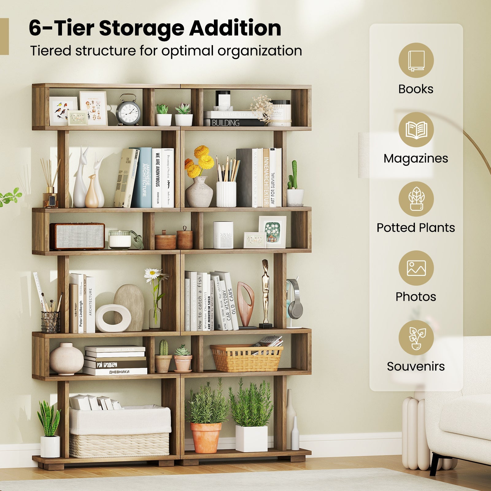 6-Tier Bookcase with Anti-Tipping Kit-Walnut