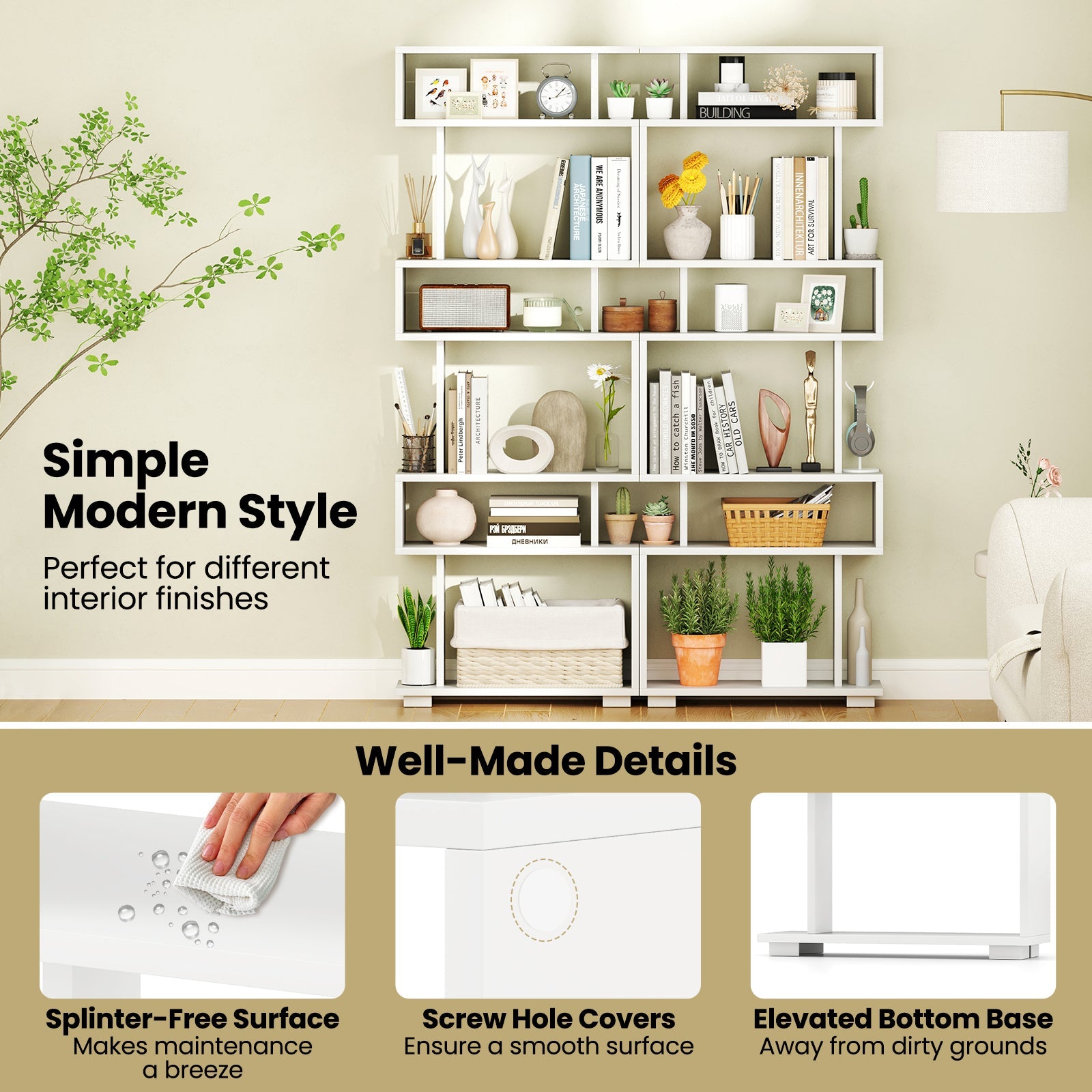 6-Tier Bookcase with Anti-Tipping Kit-White