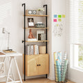72.5 Inch 6-Tier Wall Mounted Ladder Bookshelf with Rattan Cabinet-Natural