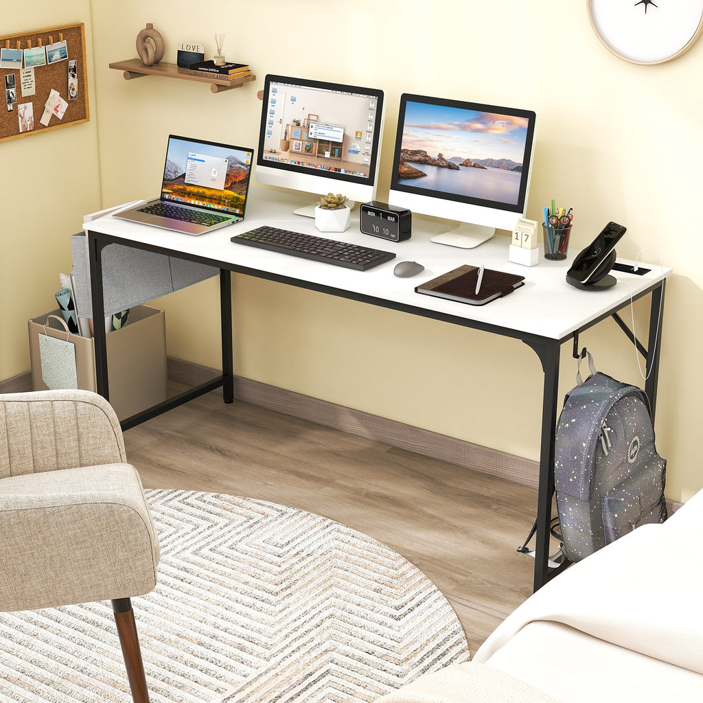 60 Inch Computer Desk with Charging Station Storage Bag-White