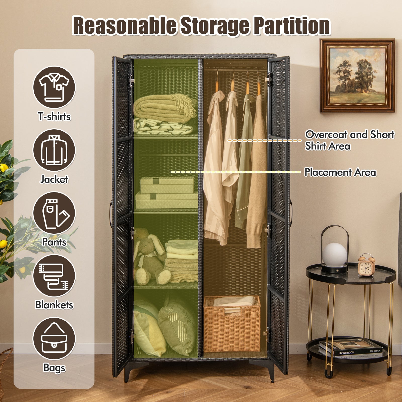 62 Inch Wicker Wardrobe with 2 Doors PE Rattan Closet with Hanging Rod-Black