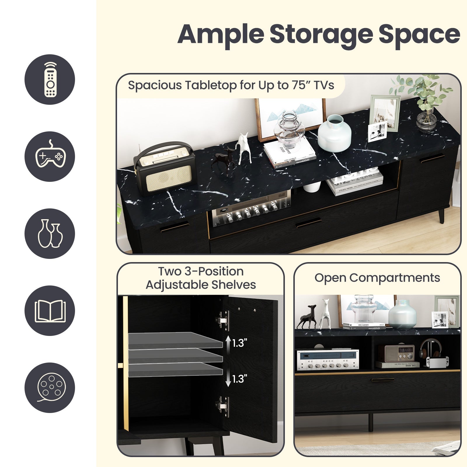 63 Inch TV Stand with Flip Door Cabinet for TVs up to 75 Inch-Black