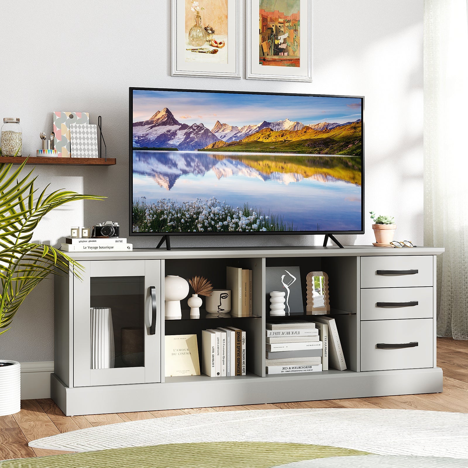 63 Inches Media Console Table with 3 Drawers and 2 Glass Shelves-Gray