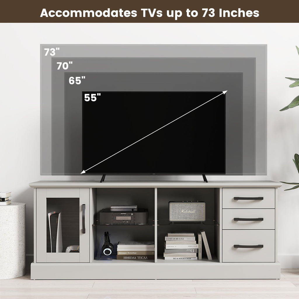 63 Inches Media Console Table with 3 Drawers and 2 Glass Shelves-Gray