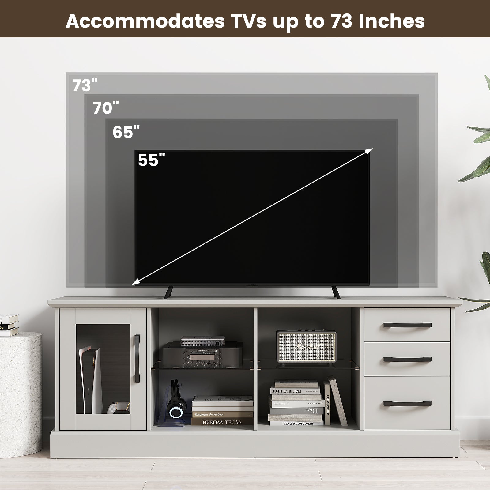 63 Inches Media Console Table with 3 Drawers and 2 Glass Shelves-Gray