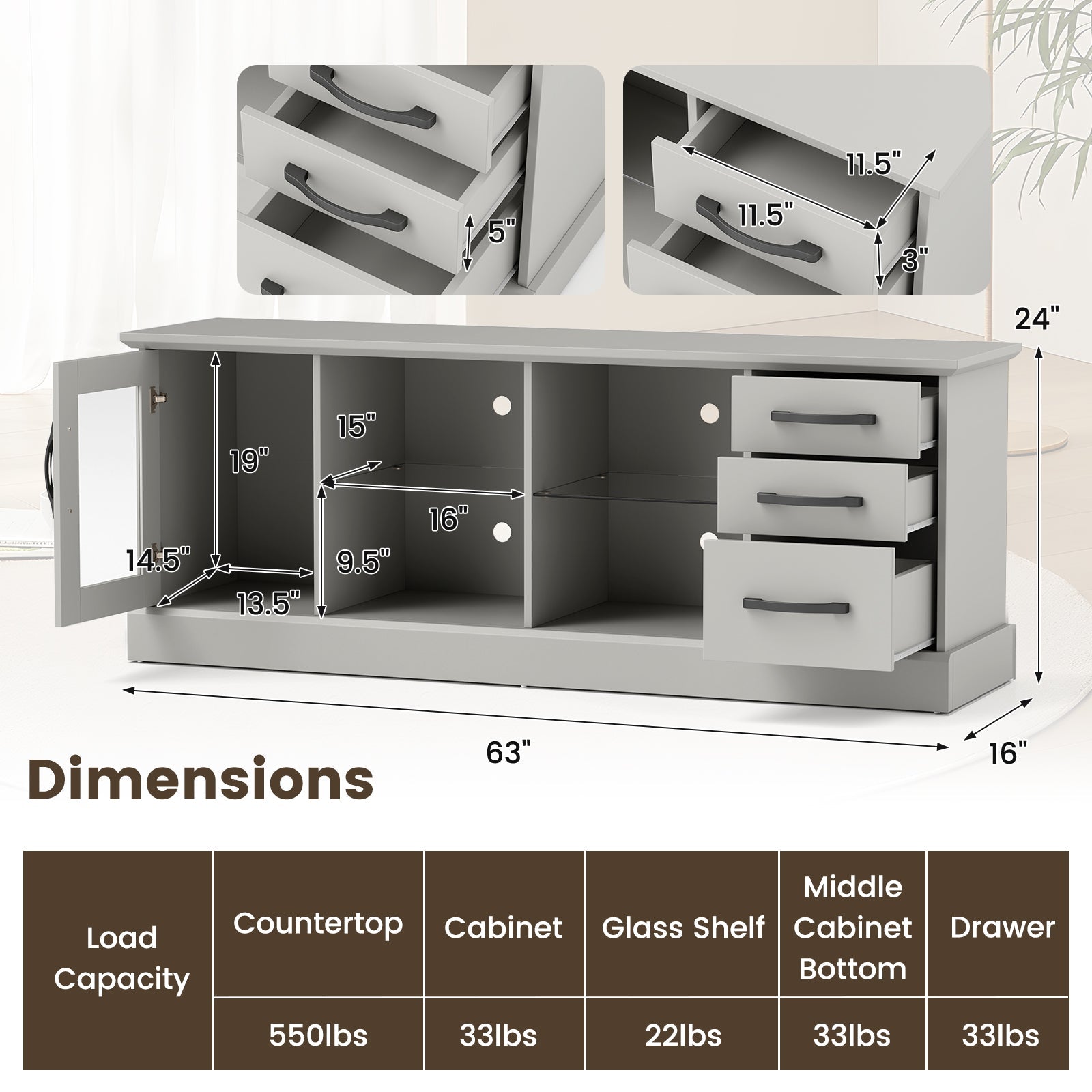 63 Inches Media Console Table with 3 Drawers and 2 Glass Shelves-Gray