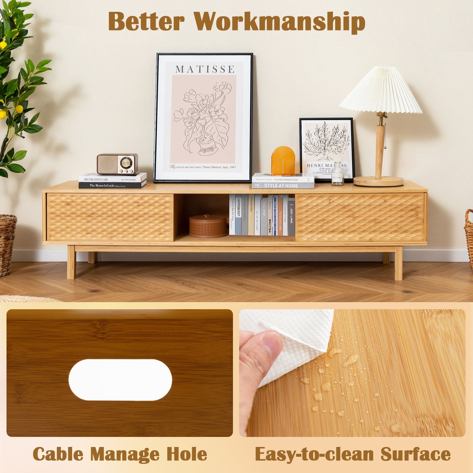 63 Inches Mid Century Modern Bamboo TV Stand with Sliding Doors-Natural