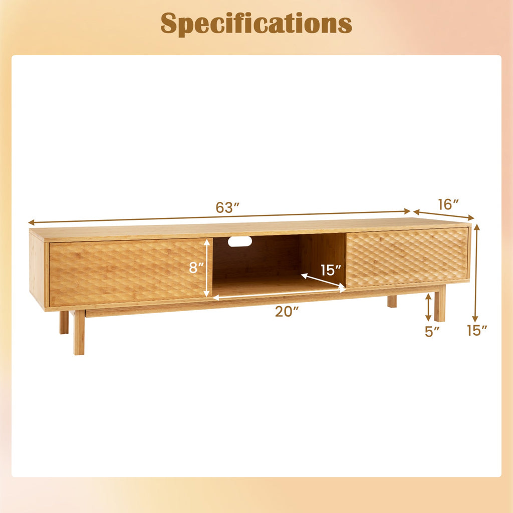 63 Inches Mid Century Modern Bamboo TV Stand with Sliding Doors-Natural