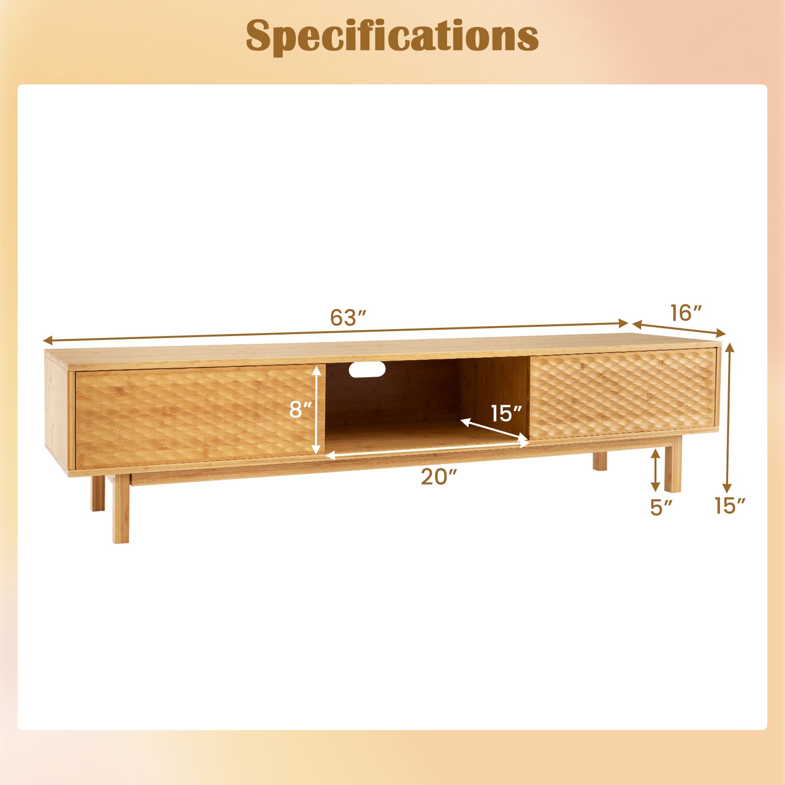 63 Inches Mid Century Modern Bamboo TV Stand with Sliding Doors-Natural