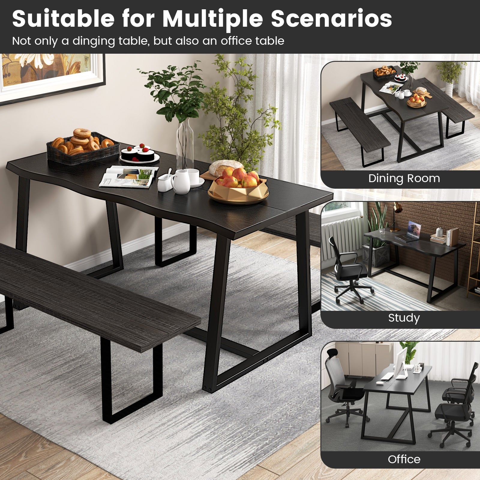 63" Large Dining Table with Wavy Edge and Heavy-duty Metal Frame-Black