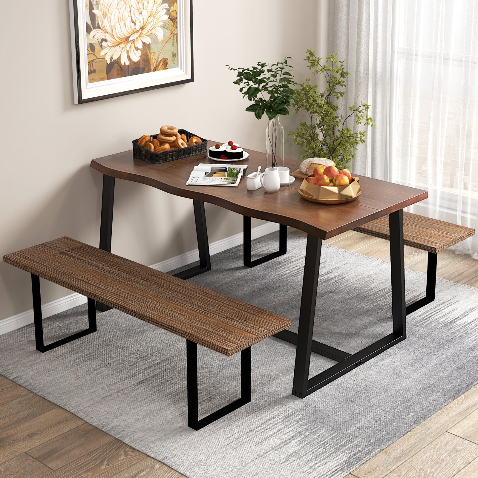 63" Large Dining Table with Wavy Edge and Heavy-duty Metal Frame-Coffee
