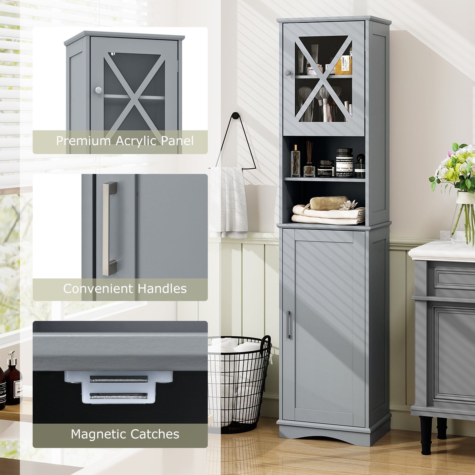 67 Inch Tall Bathroom Cabinet Freestanding Storage Cabinet with 5 Adjustable Shelves-Gray