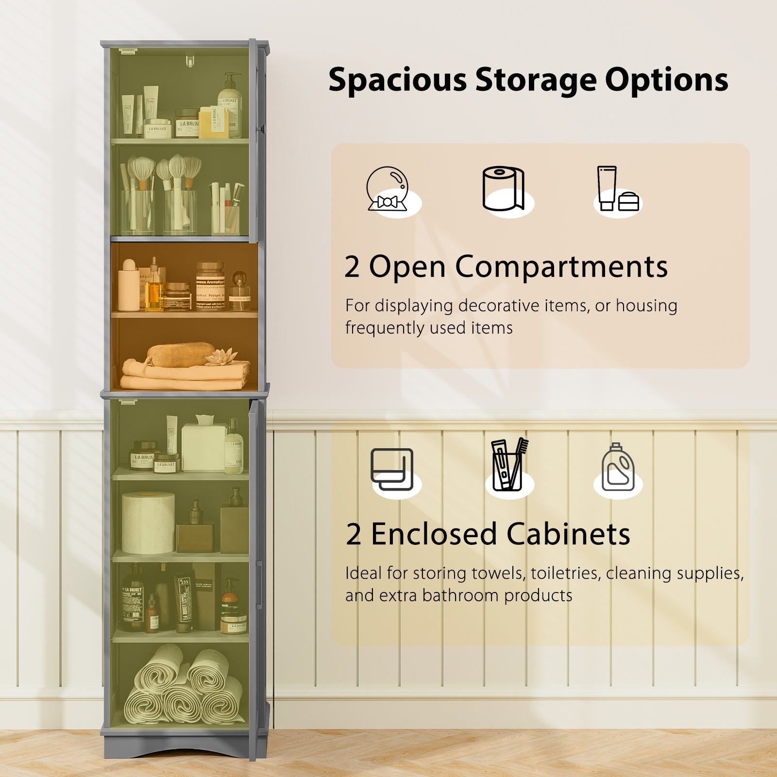 67 Inch Tall Bathroom Cabinet Freestanding Storage Cabinet with 5 Adjustable Shelves-Gray