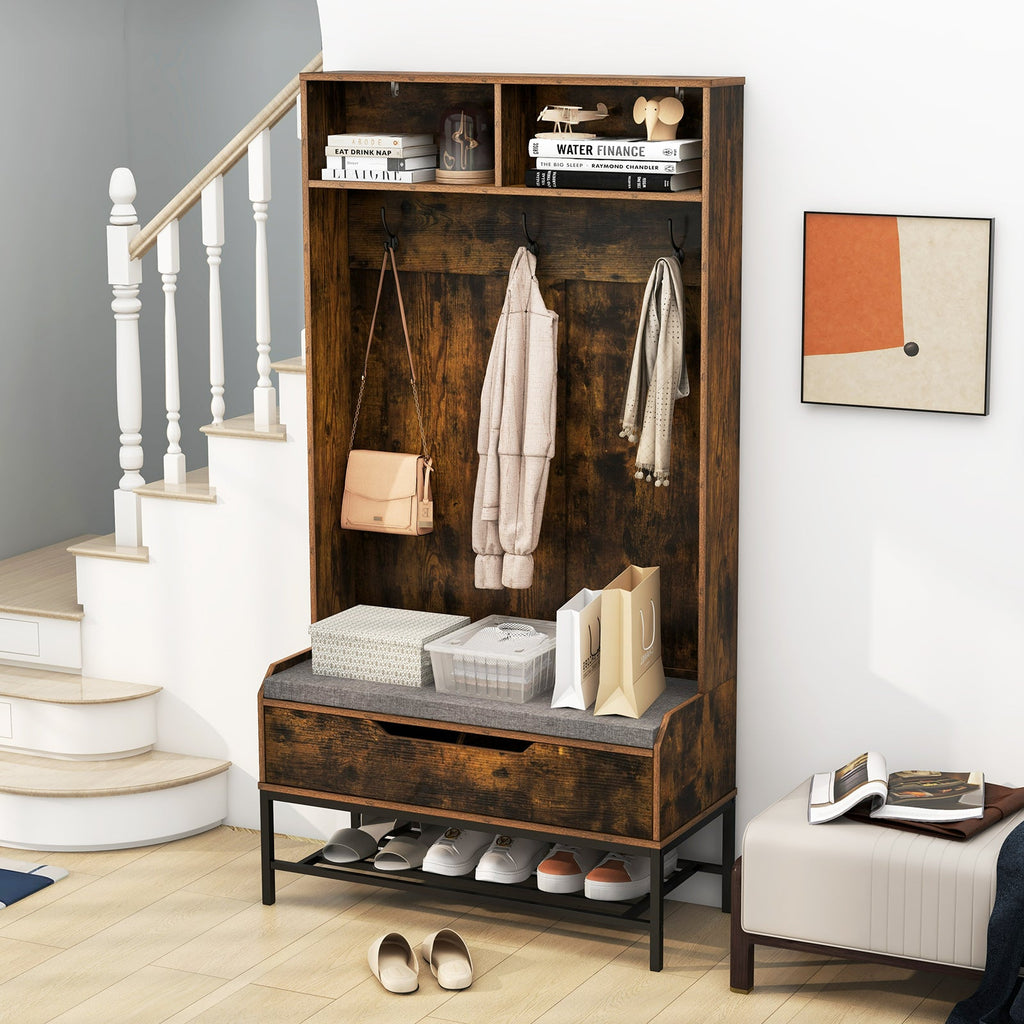 69 Inches Tall Hall Tree 4-in-1 Coat Rack with Seat Cushion and Shoe Storage-Rustic Brown