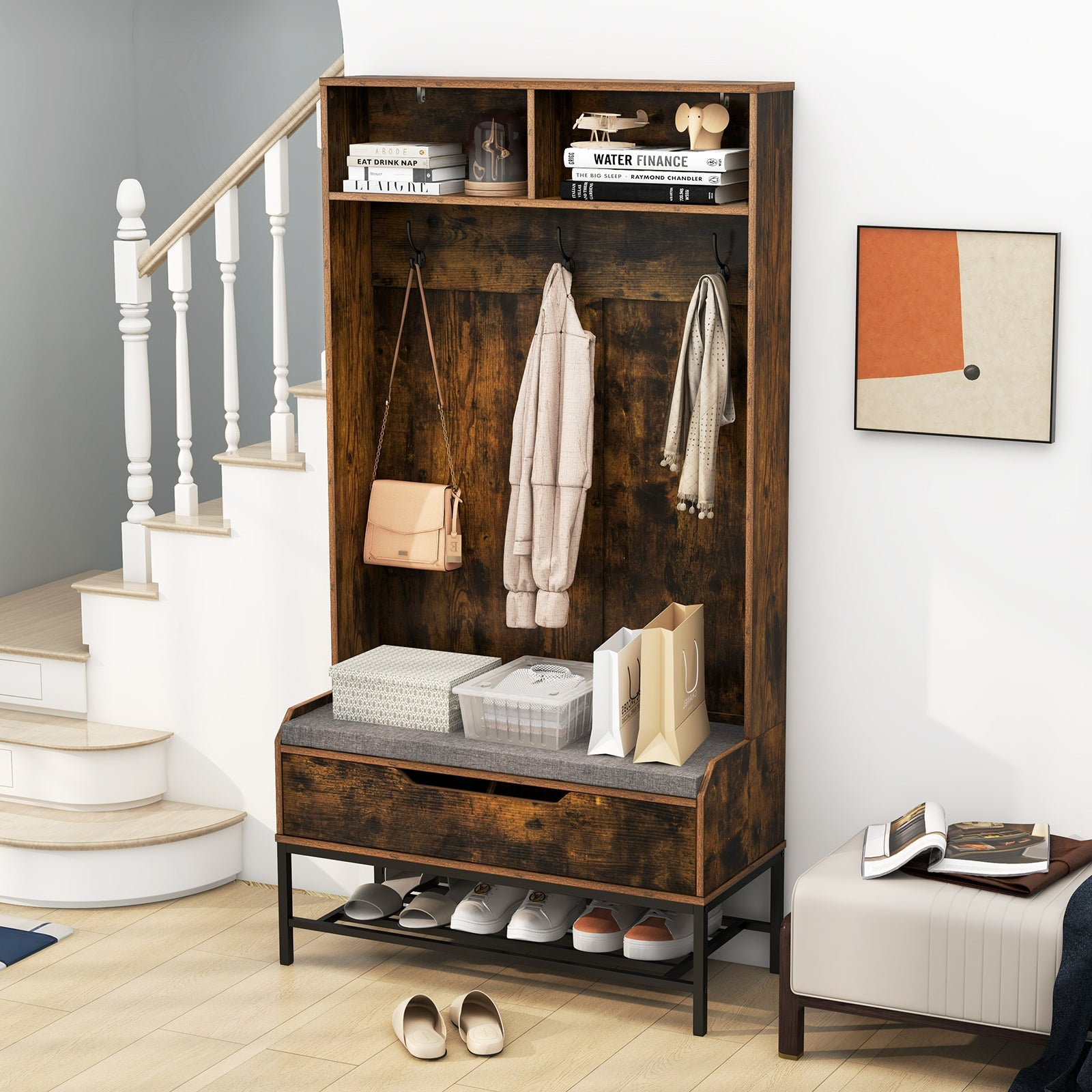 69 Inches Tall Hall Tree 4-in-1 Coat Rack with Seat Cushion and Shoe Storage-Rustic Brown