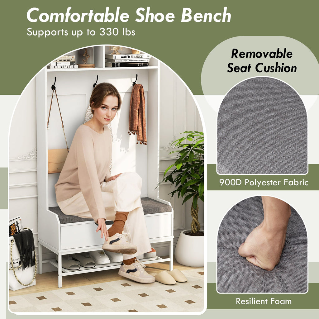 69 Inches Tall Hall Tree 4-in-1 Coat Rack with Seat Cushion and Shoe Storage-White
