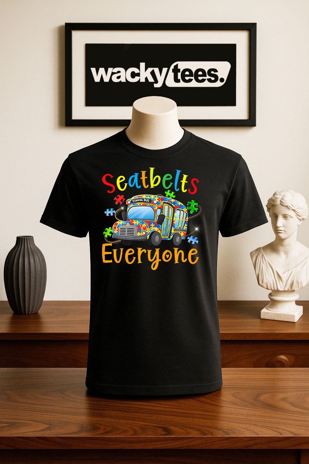 Seatbelts Everyone School Bus Autism Awareness Graphic Tee Shirt