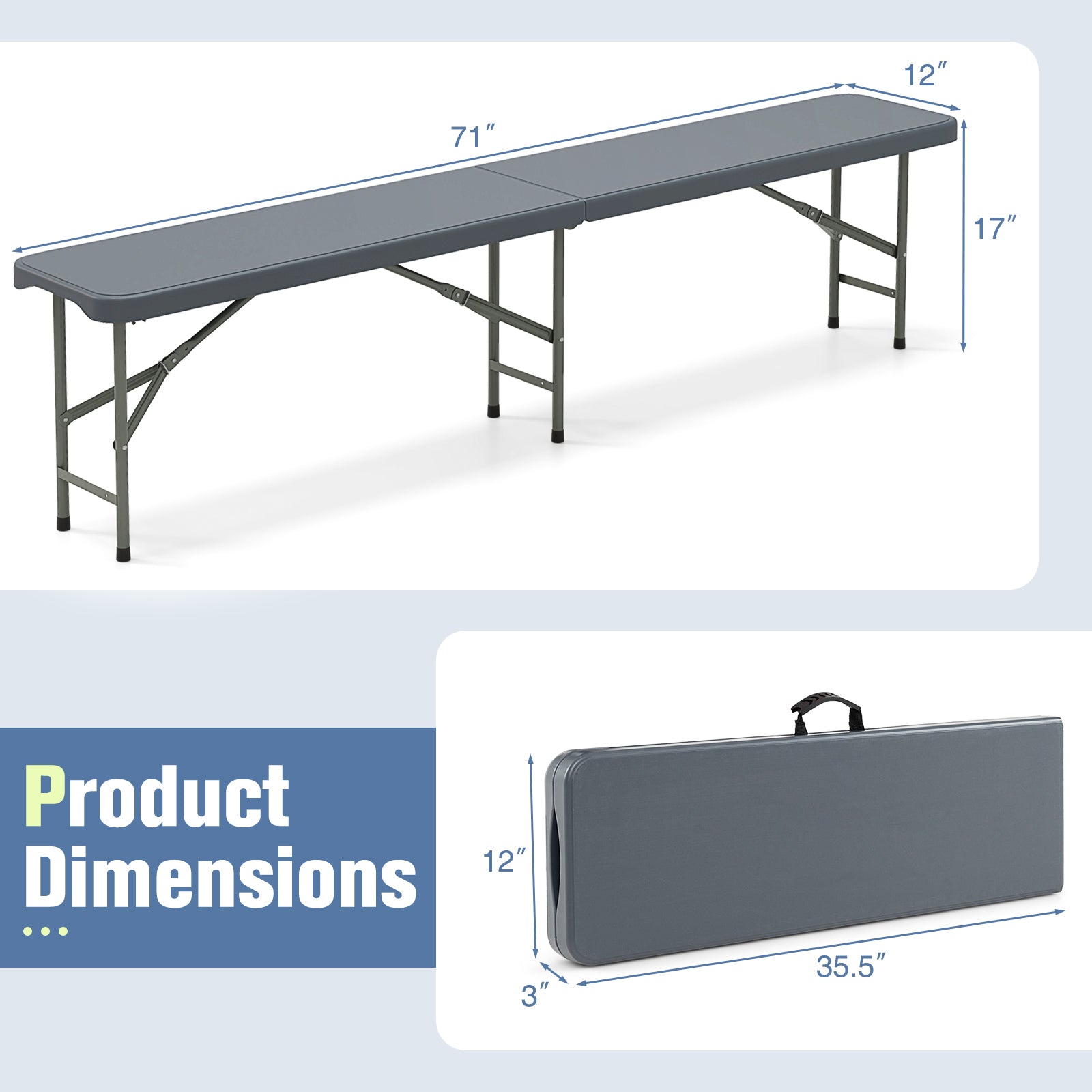 6 Feet Plastic Folding Bench Portable Seat with Handle and Lock-Gray