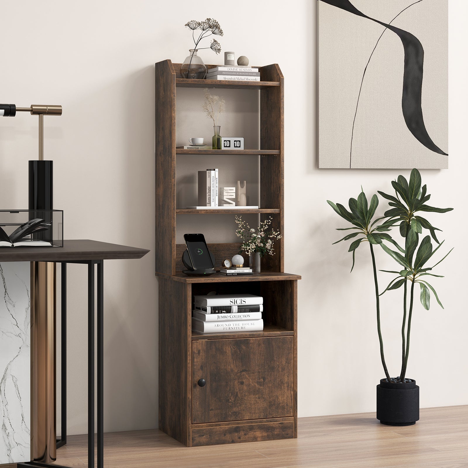 6-Tier Bookshelf Nightstand with Charging Station and Cabinet-Rustic Brown