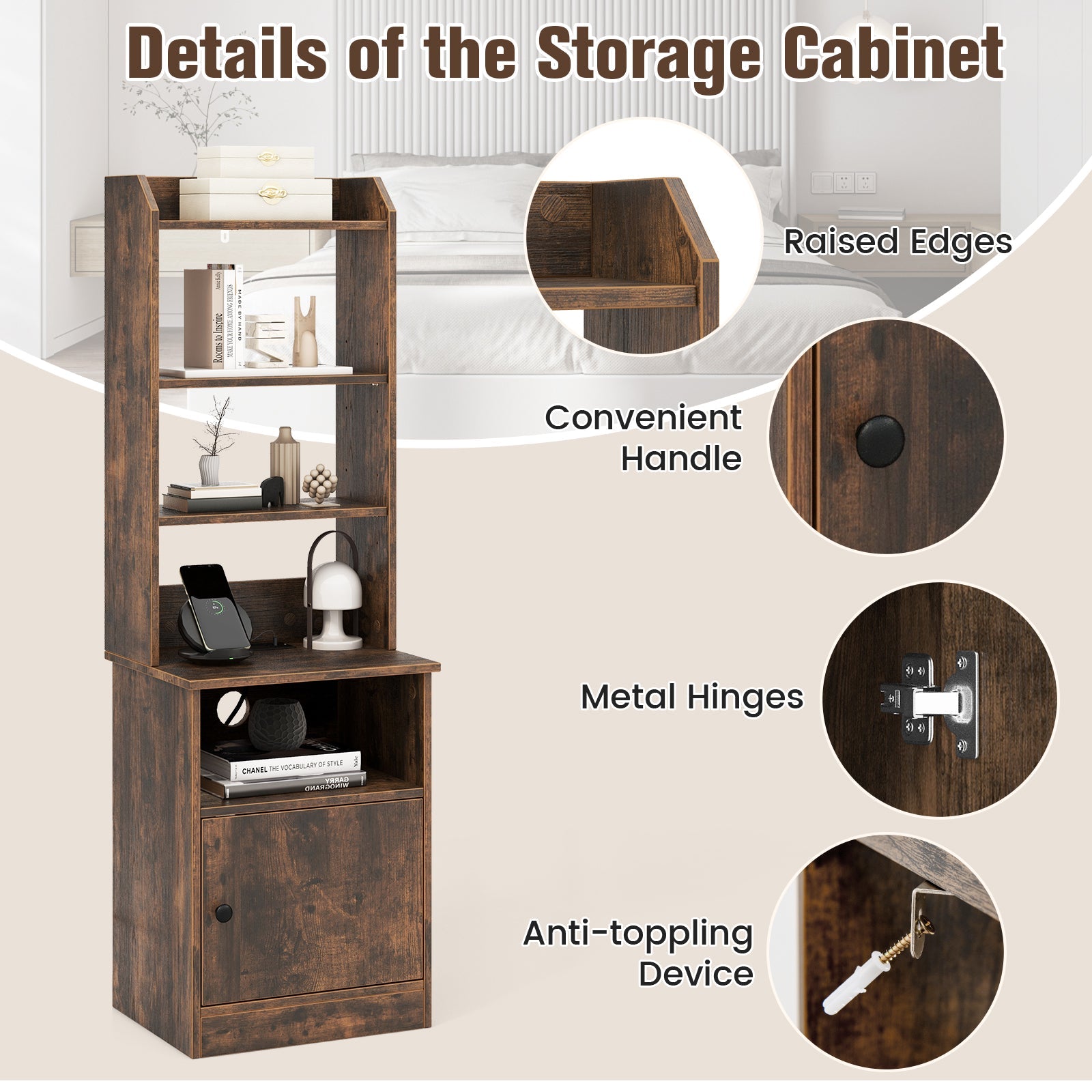 6-Tier Bookshelf Nightstand with Charging Station and Cabinet-Rustic Brown