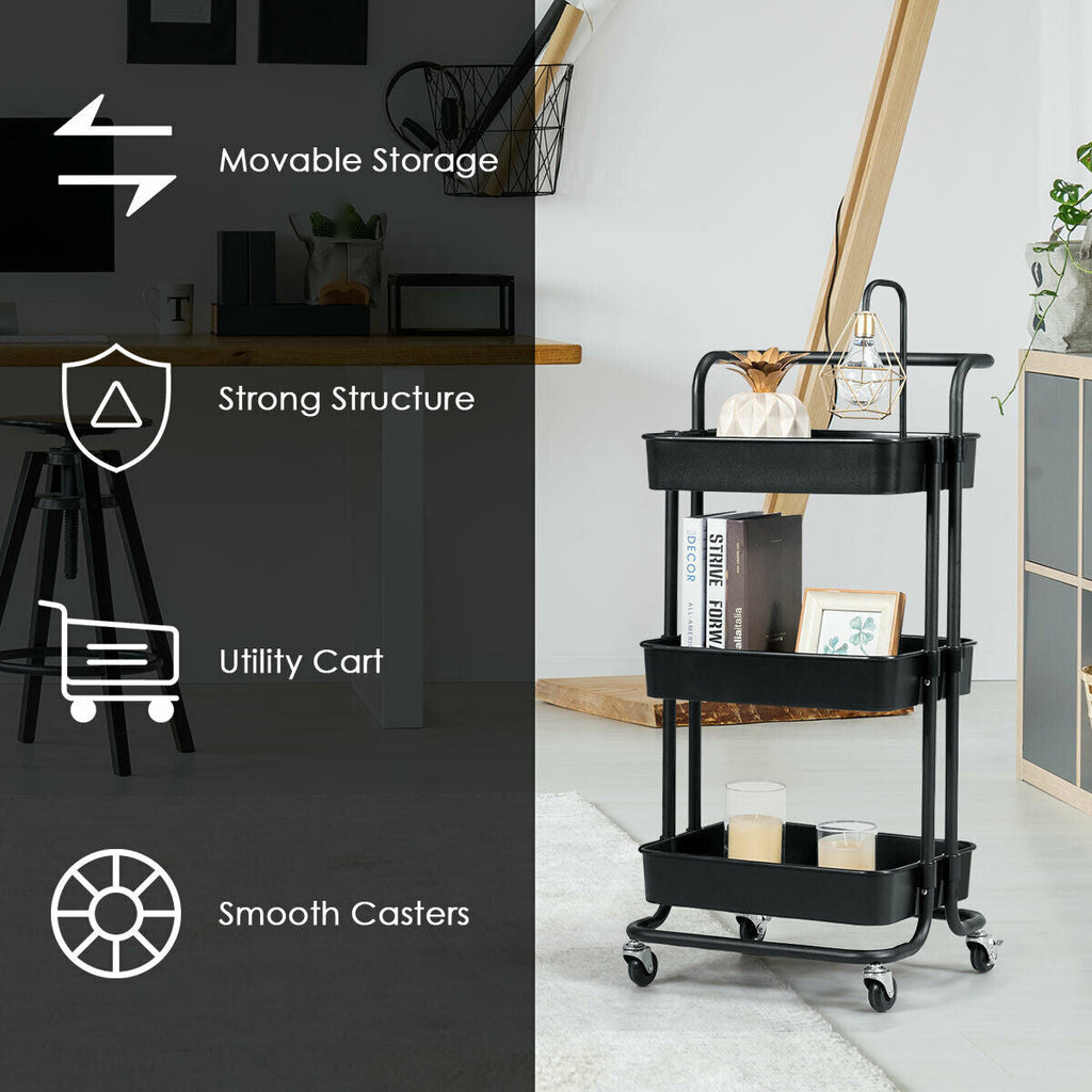 3-Tier Utility Cart Storage Rolling Cart with Casters-Black
