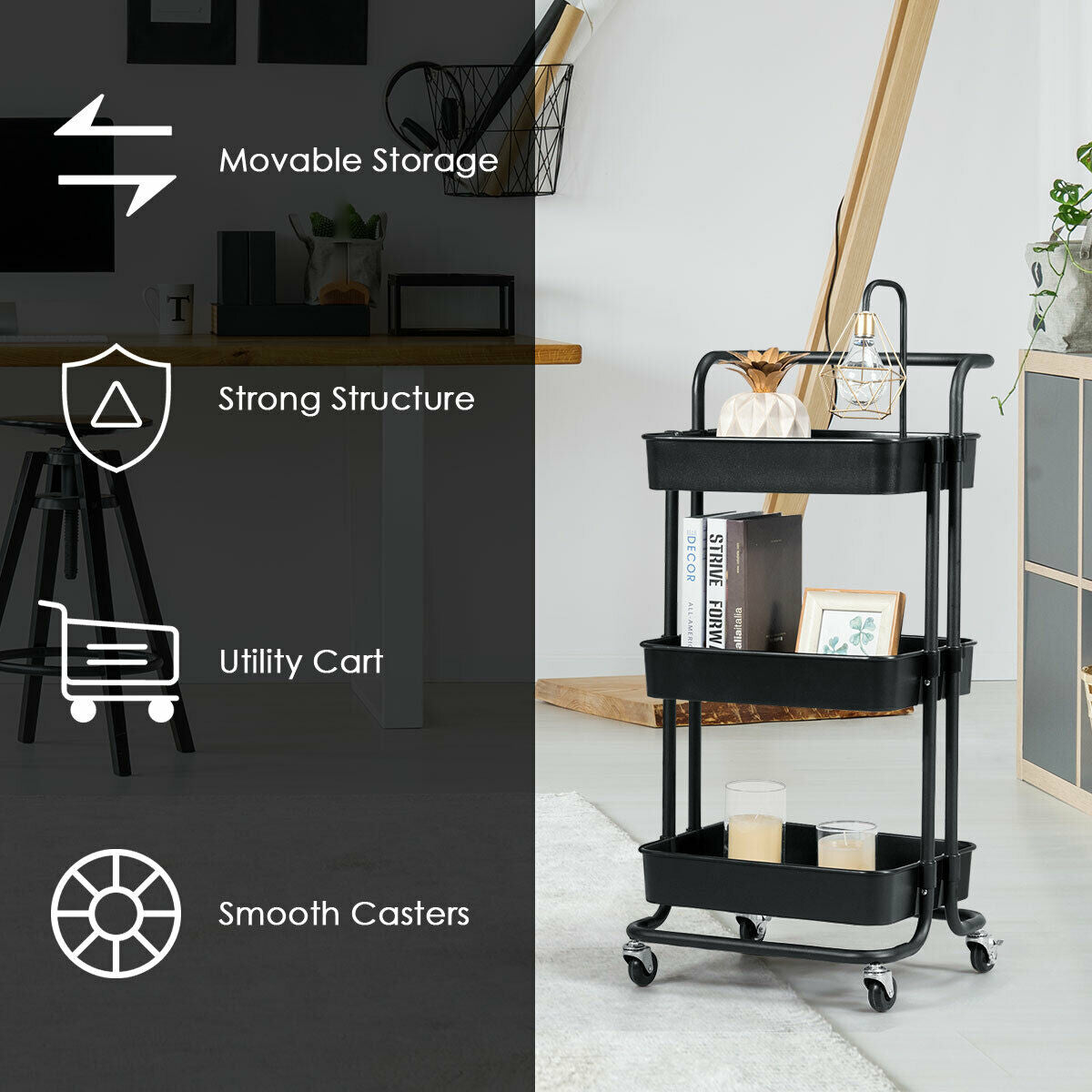 3-Tier Utility Cart Storage Rolling Cart with Casters-Black