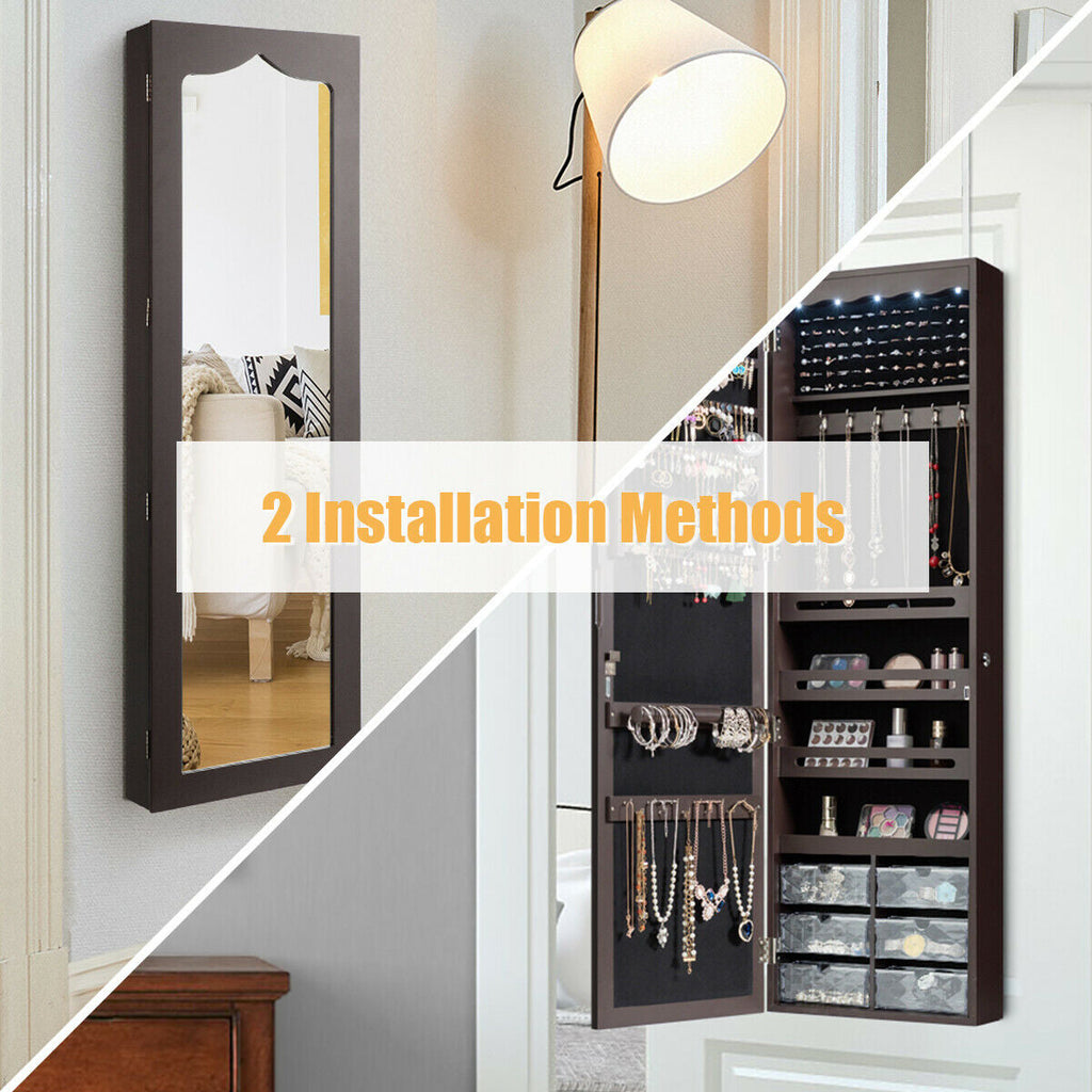 5 LEDs Jewelry Armoire Wall Mounted / Door Hanging Mirror-Brown