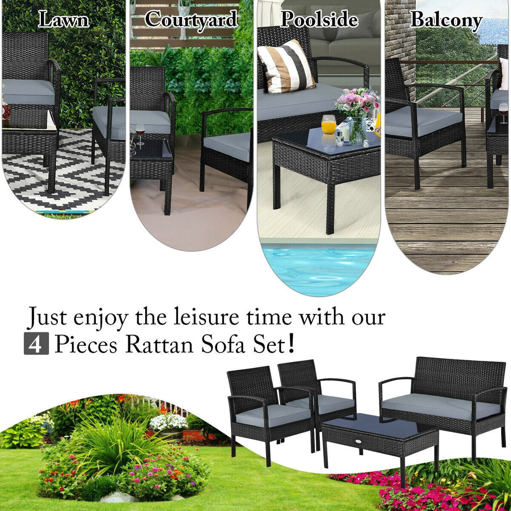 4 Pieces Patio Rattan Cushioned Furniture Set-Gray