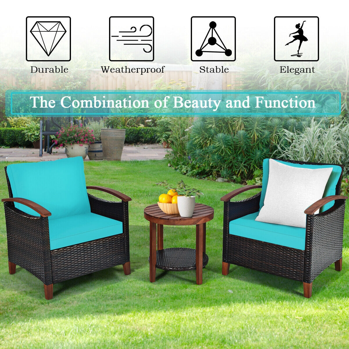 3 Pieces Patio Rattan Furniture Set with Washable Cushion and Acacia Wood Tabletop-Turquoise