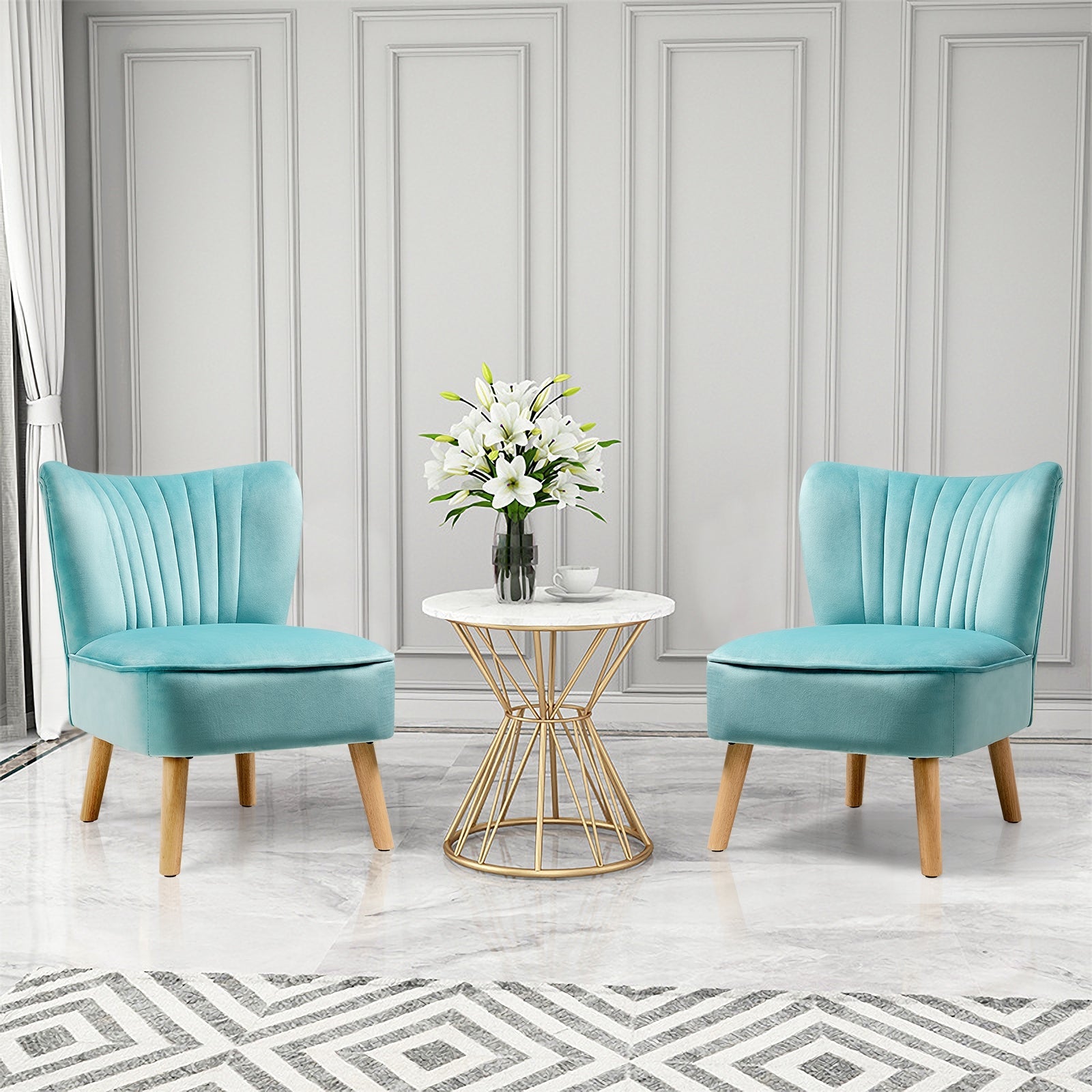 Modern Armless Velvet Accent Chair with Wood Legs-Green