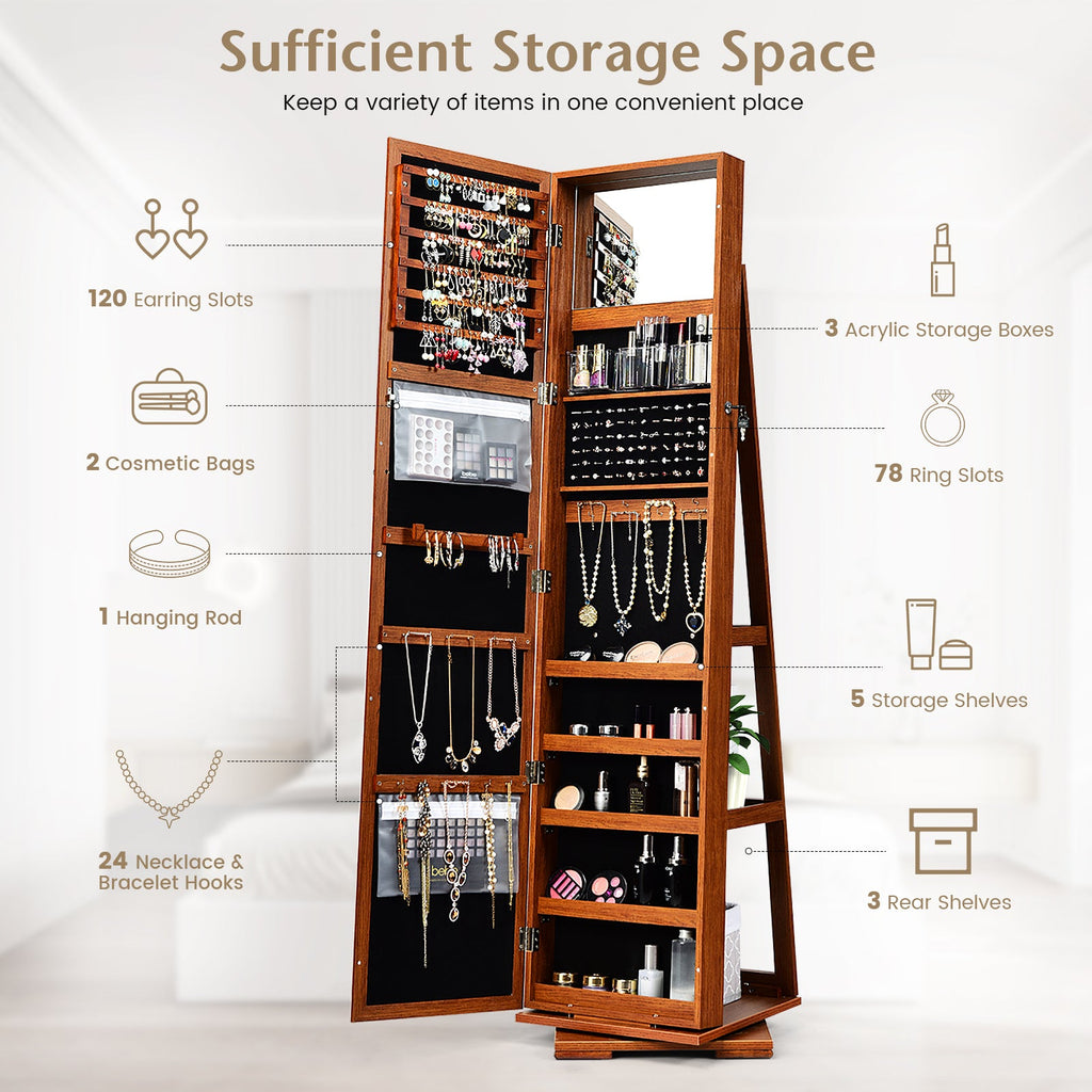 360° Rotatable 2-in-1 Lockable Jewelry Cabinet with Full-Length Mirror-Brown