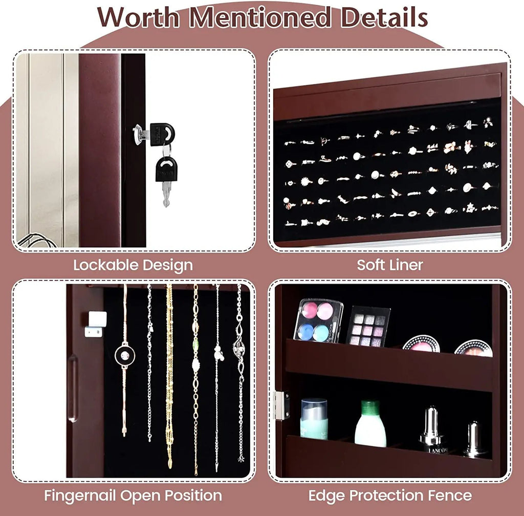 Lockable Wall Door Mounted Mirror Jewelry Cabinet w/LED Lights-Brown